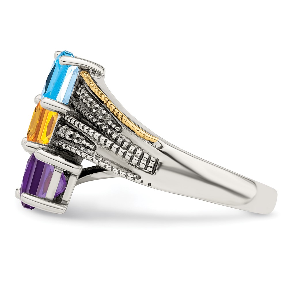 Sterling Silver Antiqued w/14k 3-stone w/Diamond Mother's Semi-Mount Ring (QMR12/3-8)