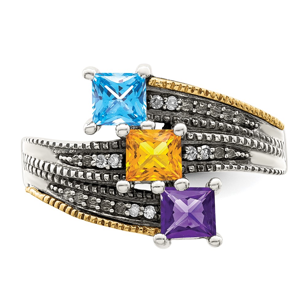 Sterling Silver Antiqued w/14k 3-stone w/Diamond Mother's Semi-Mount Ring (QMR12/3-7)