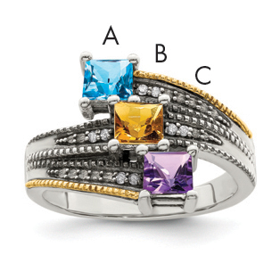 Sterling Silver Antiqued w/14k 3-stone w/Diamond Mother's Semi-Mount Ring (QMR12/3-7)