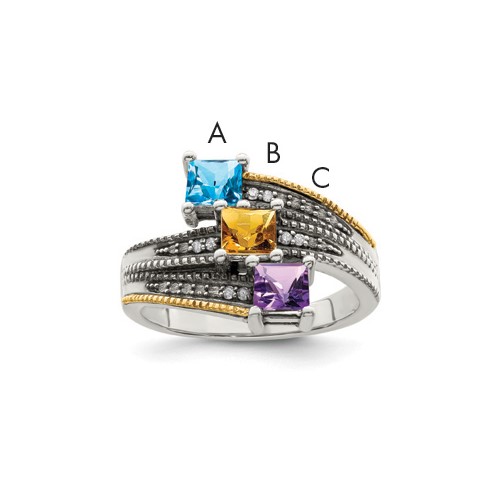 Sterling Silver Antiqued Ring with 14K 3-stone with Diamond Mother's