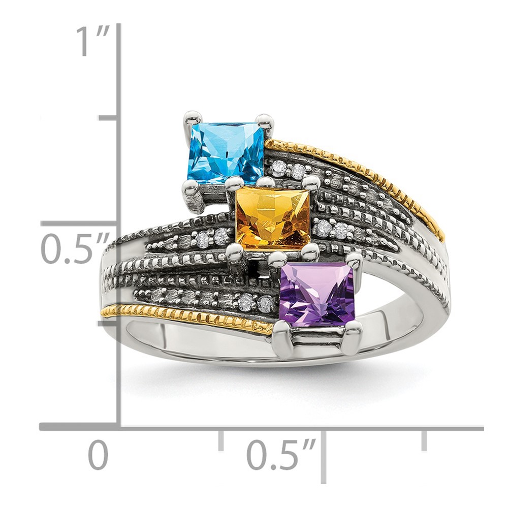 Sterling Silver Antiqued w/14k 3-stone w/Diamond Mother's Semi-Mount Ring (QMR12/3-8)