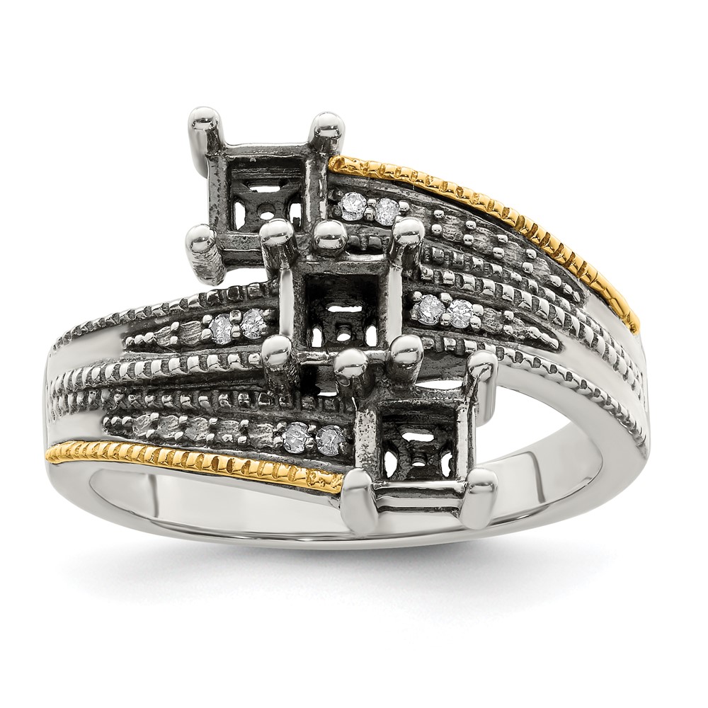 Sterling Silver Antiqued w/14k 3-stone w/Diamond Mother's Semi-Mount Ring (QMR12/3-8)