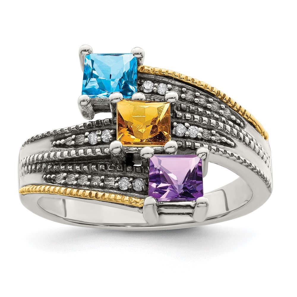 Sterling Silver Antiqued w/14k 3-stone w/Diamond Mother's Semi-Mount Ring (QMR12/3-8)