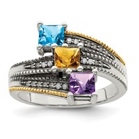 Sterling Silver Antiqued Ring with 14K 3-stone with Diamond Mother's view 2
