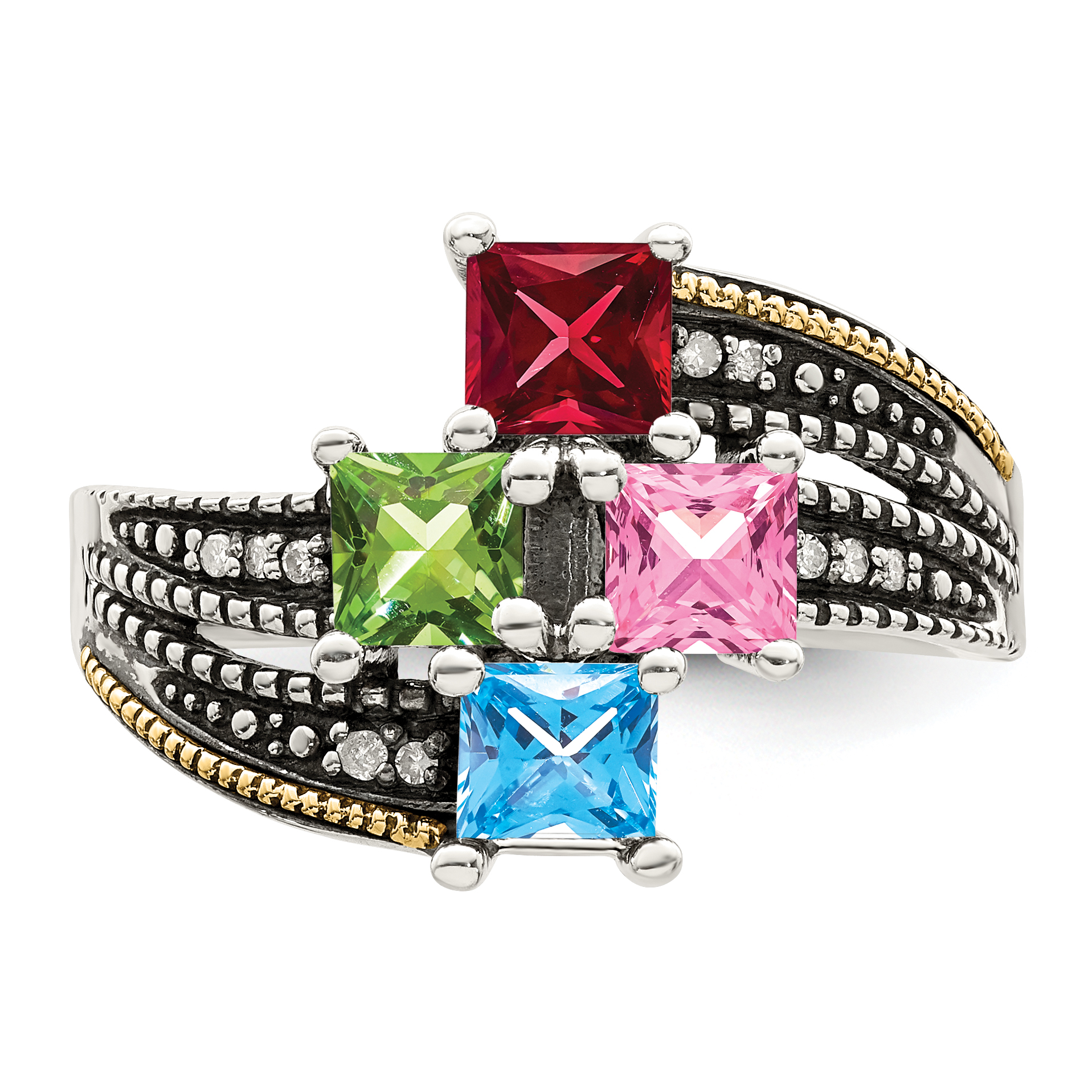 Silver Antiqued w/14k 4-stone w/Diamond Mother's Semi-Mount Ring QMR12/4 - Picture 5 of 8