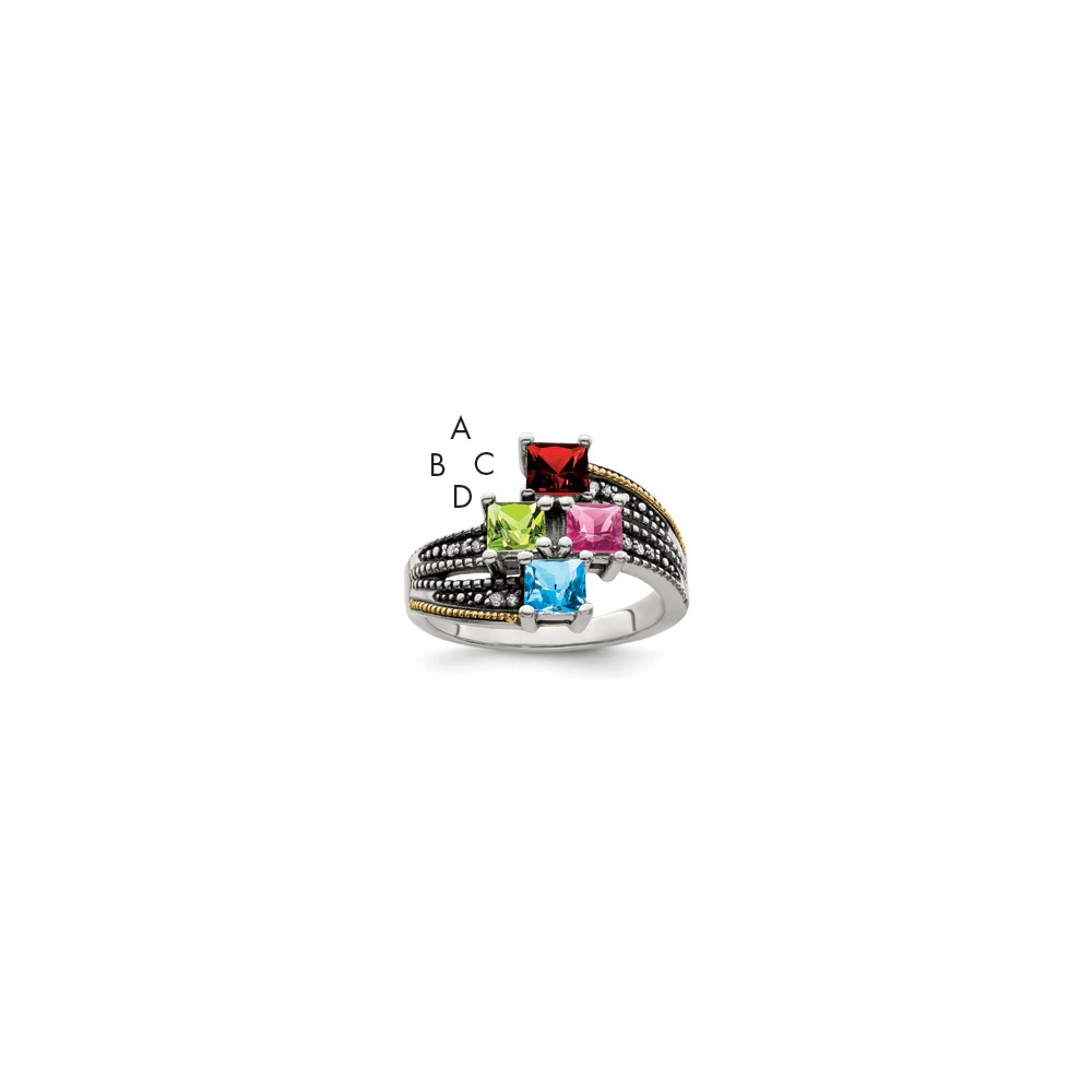 Sterling Silver Antiqued w/14k 4-stone w/Diamond Mother's Semi-Mount Ring (QMR12/4-5)