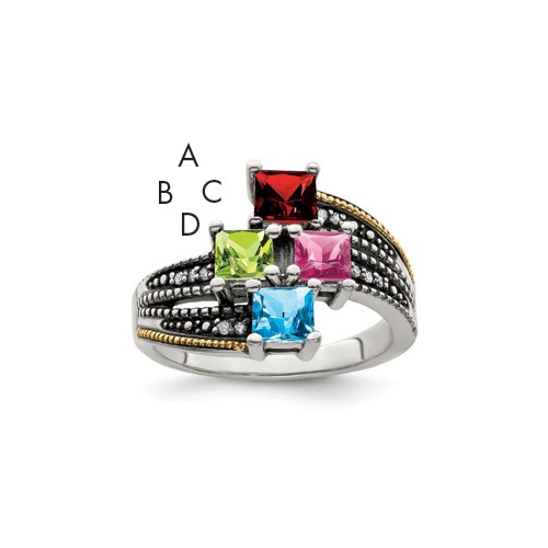 Sterling Silver Antiqued Ring with 14K 4-stone with Diamond Mother's