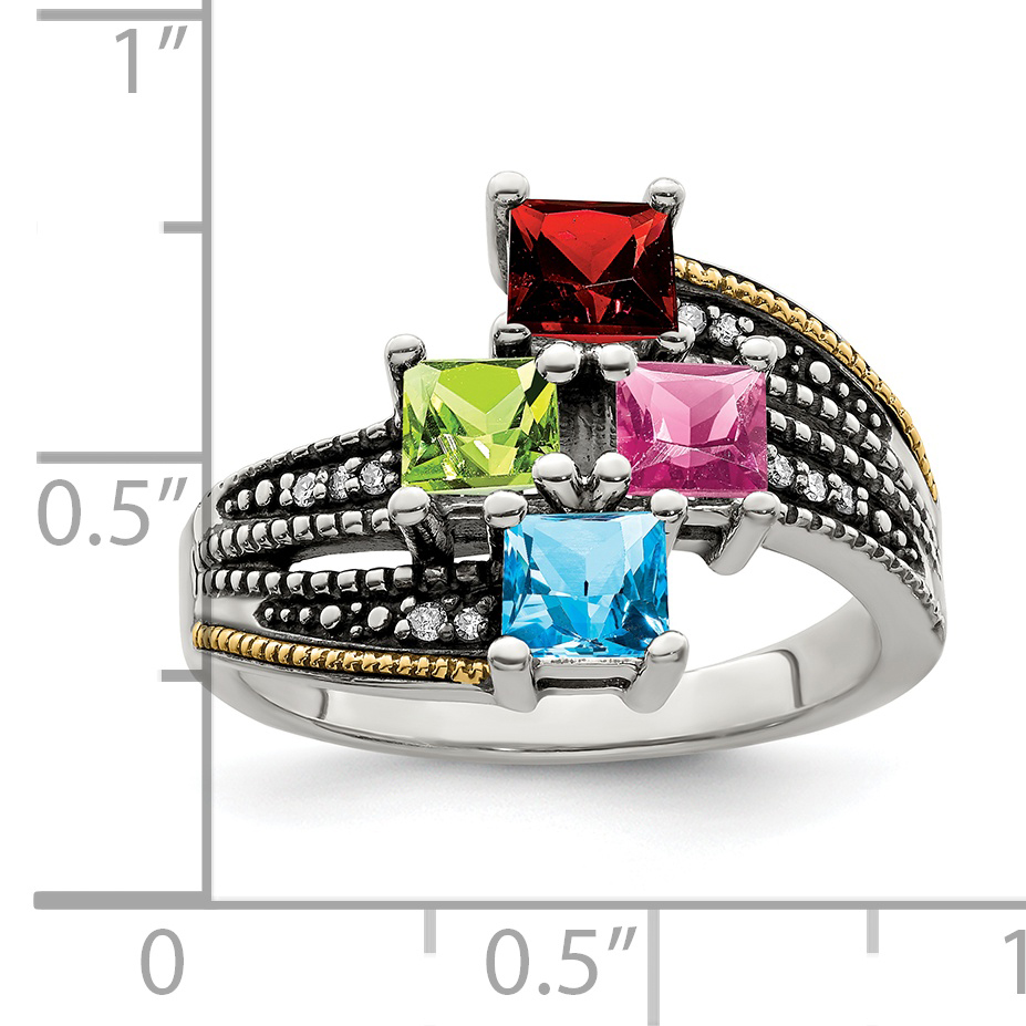 Silver Antiqued w/14k 4-stone w/Diamond Mother's Semi-Mount Ring QMR12/4 - Picture 7 of 8