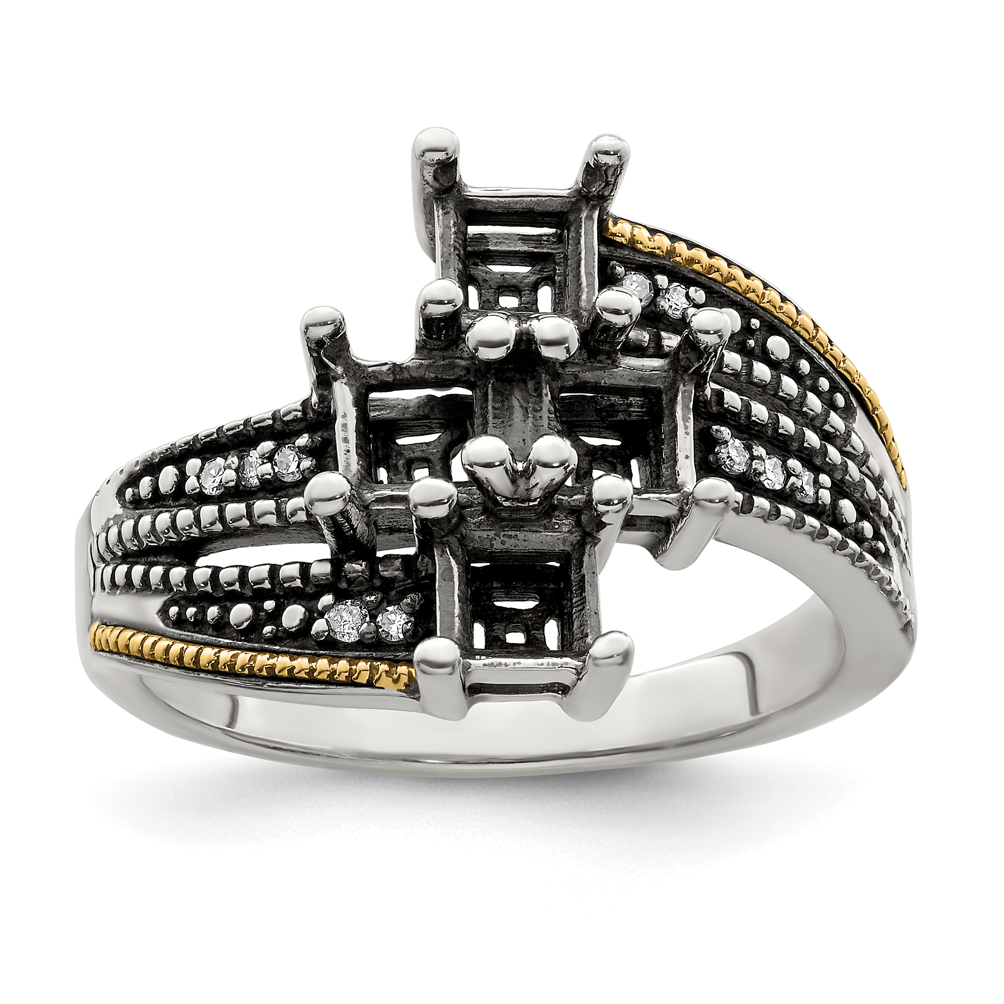Silver Antiqued w/14k 4-stone w/Diamond Mother's Semi-Mount Ring QMR12/4 - Picture 8 of 8