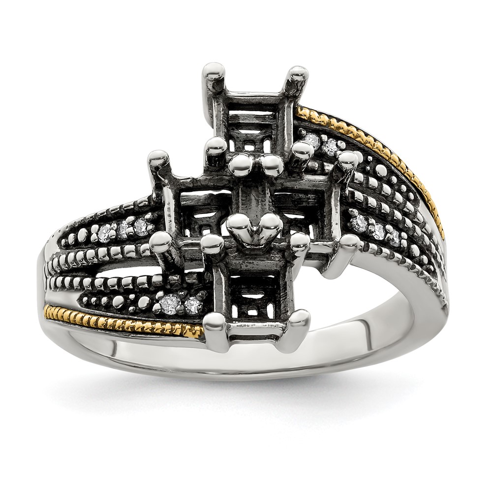 Sterling Silver Antiqued w/14k 4-stone w/Diamond Mother's Semi-Mount Ring (QMR12/4-6)