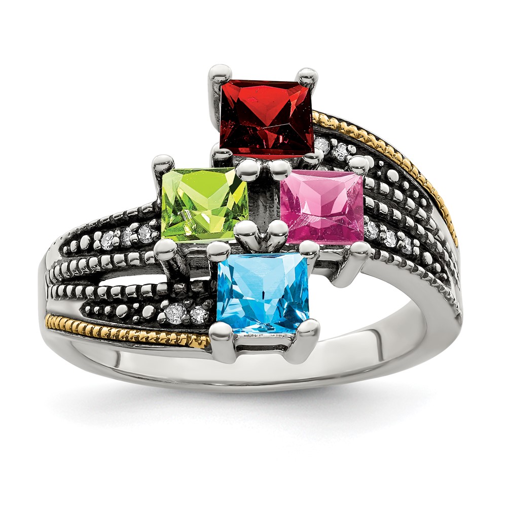 Sterling Silver Antiqued w/14k 4-stone w/Diamond Mother's Semi-Mount Ring (QMR12/4-6)
