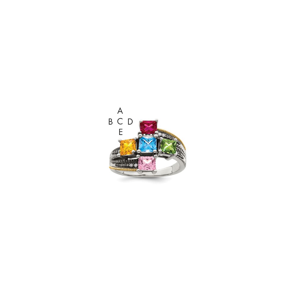 Sterling Silver Antiqued Ring with 14K 5-stone with Diamond Mother's