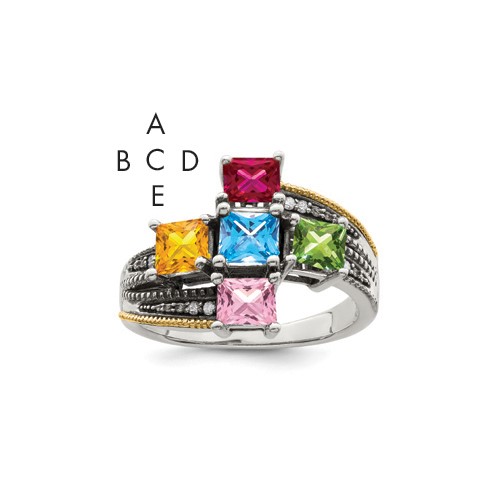 Sterling Silver Antiqued Ring with 14K 5-stone with Diamond Mother's