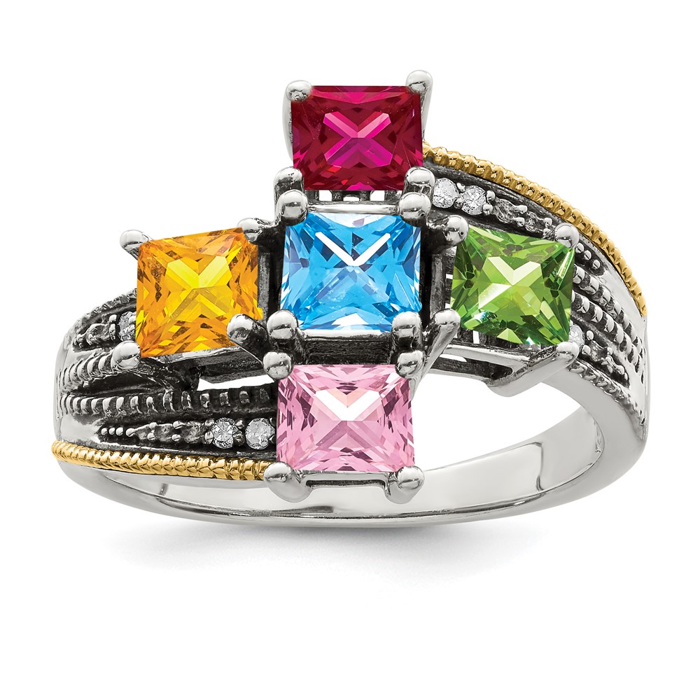 Sterling Silver Antiqued w/14k 5-stone w/Diamond Mother's Semi-Mount Ring (QMR12/5-5)