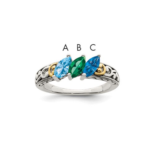Sterling Silver Antiqued Ring with 14K 3-stone Mother's