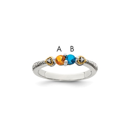 Sterling Silver Antiqued Ring with 14K 2-stone with Diamond Mother's