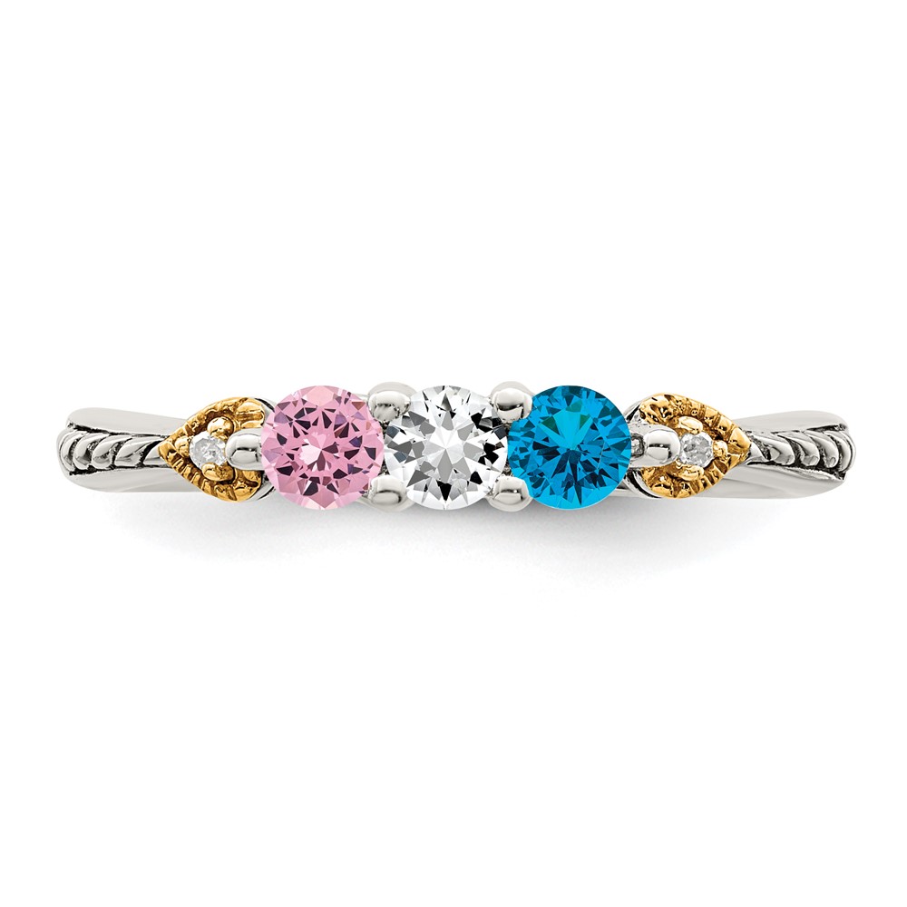 Sterling Silver Antiqued w/14k 3-stone w/Diamond Mother's Semi-Mount Ring (QMR18/3-6)