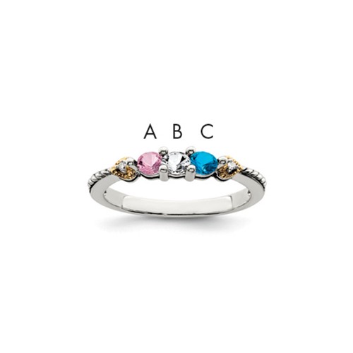 Sterling Silver Antiqued Ring with 14K 3-stone with Diamond Mother's