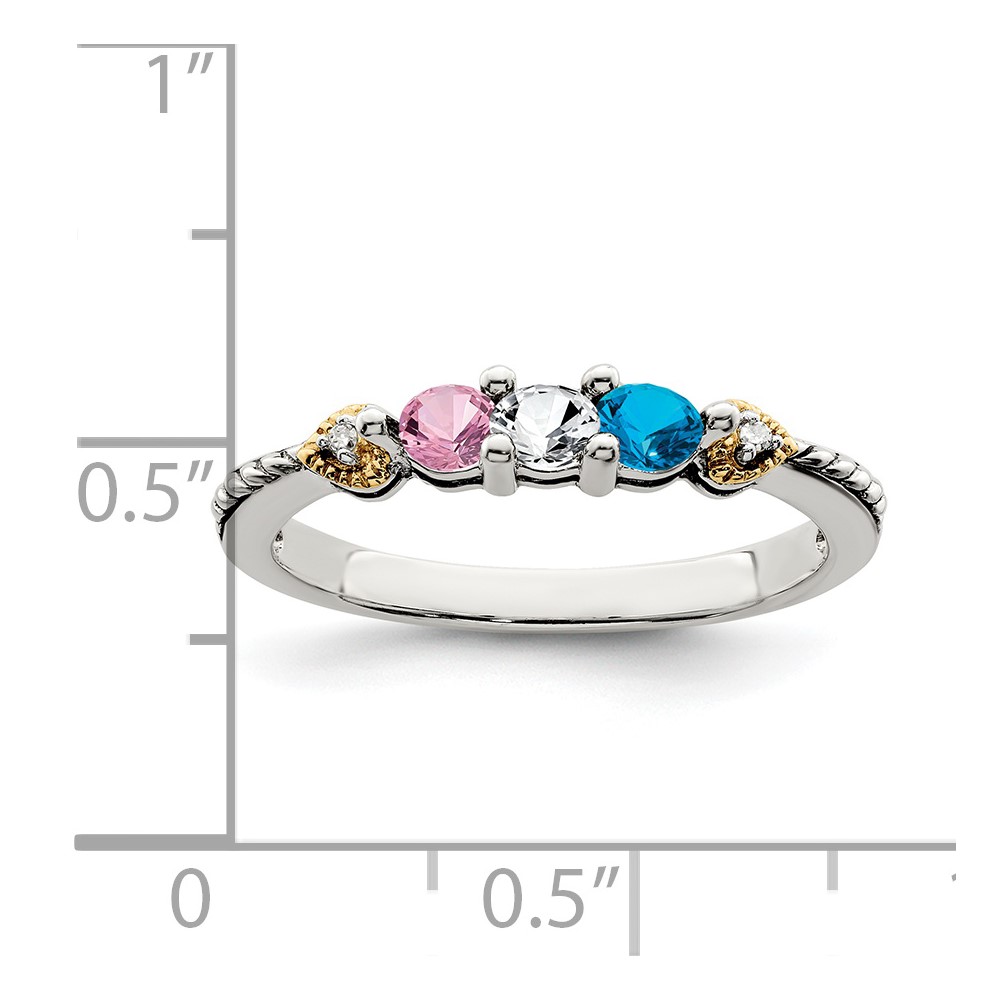Sterling Silver Antiqued w/14k 3-stone w/Diamond Mother's Semi-Mount Ring (QMR18/3-6)