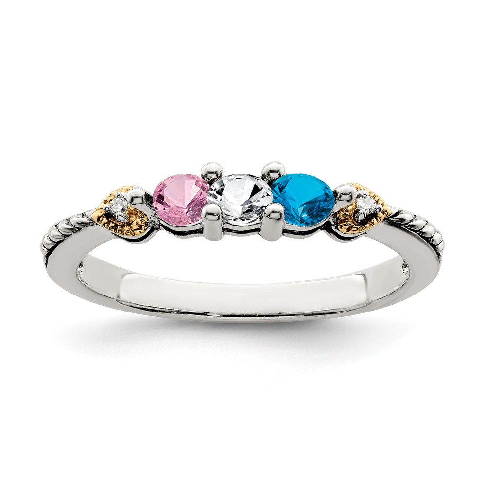 Sterling Silver Antiqued w/14k 3-stone w/Diamond Mother's Semi-Mount Ring (QMR18/3-6)