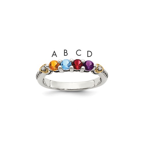 Sterling Silver Antiqued Ring with 14K 4-stone with Diamond Mother's