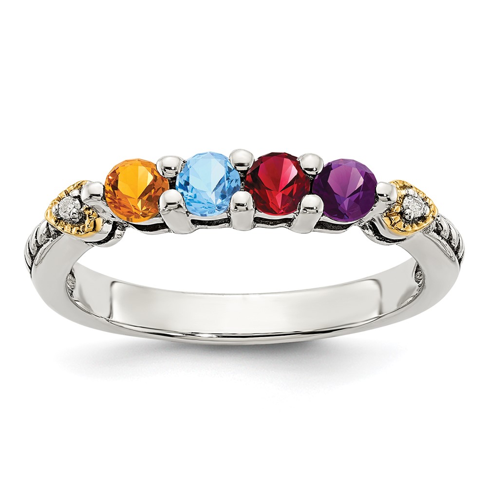 Sterling Silver Antiqued w/14k 4-stone w/Diamond Mother's Semi-Mount Ring (QMR18/4-8)