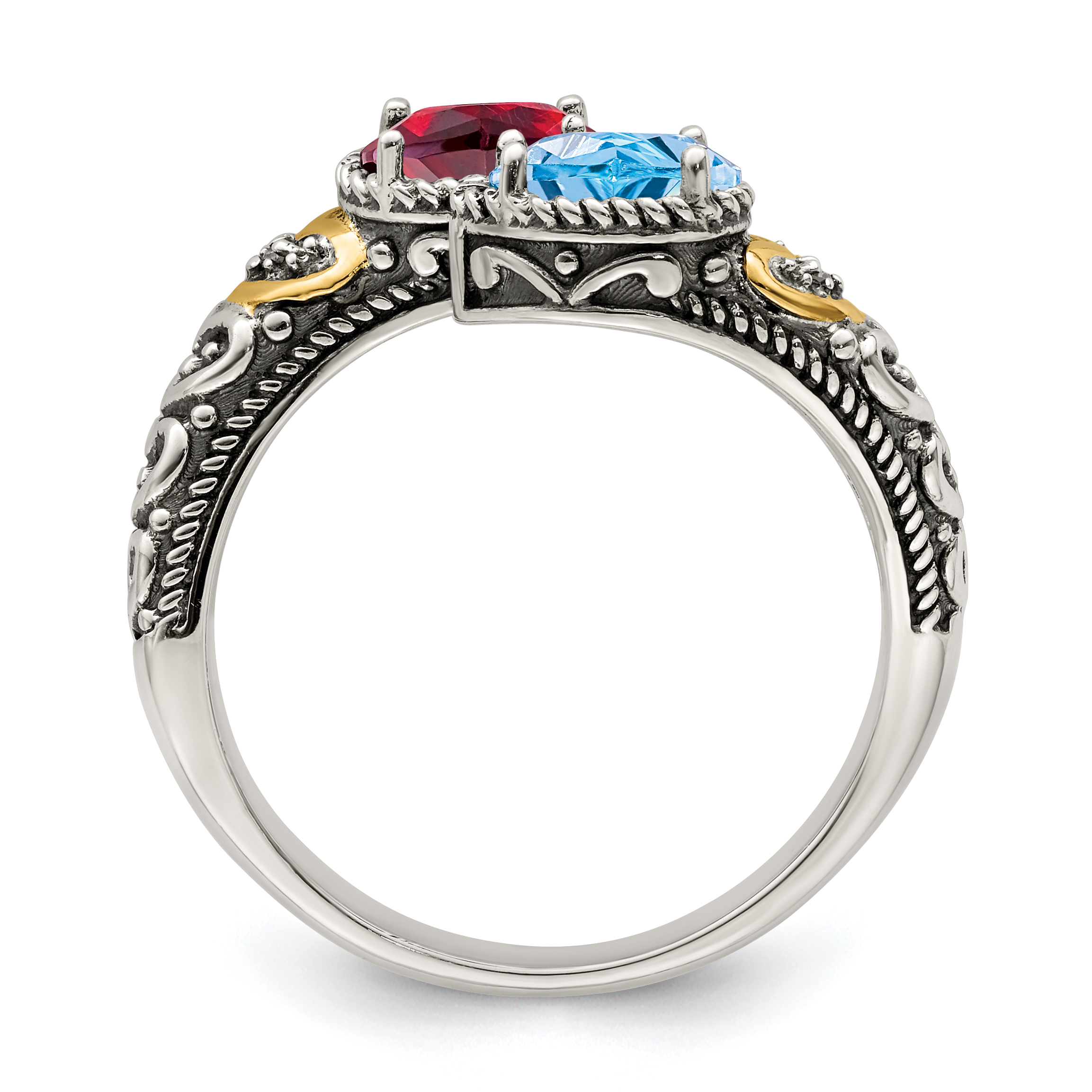 Silver Antiqued w/14k 2-stone w/Diamond Mother's Ring Semi-Mount QMR20/2 - Picture 3 of 8