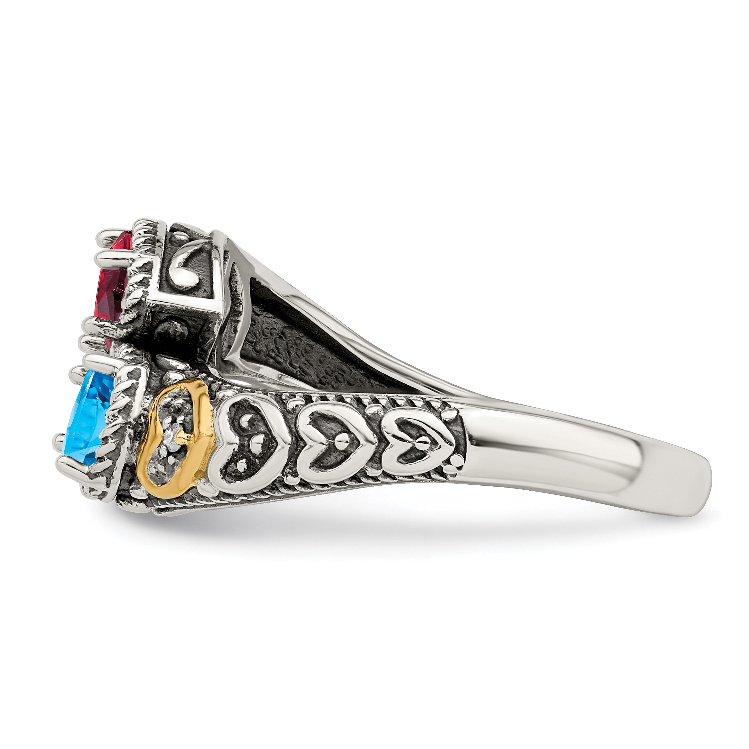 Silver Antiqued w/14k 2-stone w/Diamond Mother's Ring Semi-Mount QMR20/2 - Picture 4 of 8