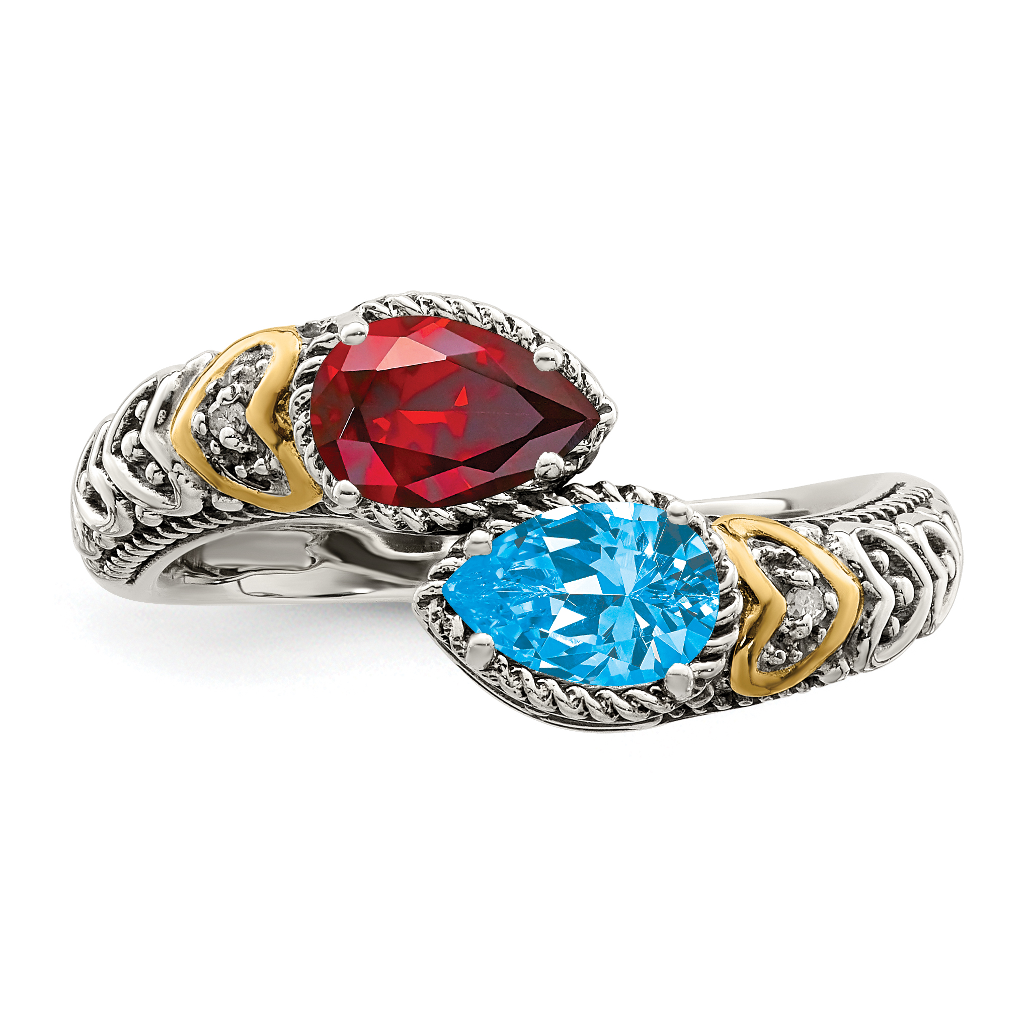 Silver Antiqued w/14k 2-stone w/Diamond Mother's Ring Semi-Mount QMR20/2 - Picture 5 of 8