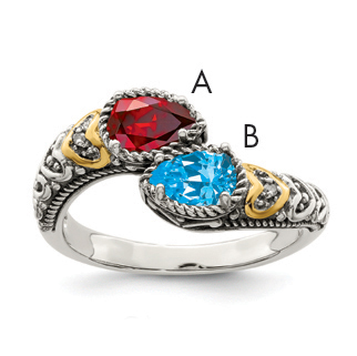 Silver Antiqued w/14k 2-stone w/Diamond Mother's Ring Semi-Mount QMR20/2 - Picture 1 of 8