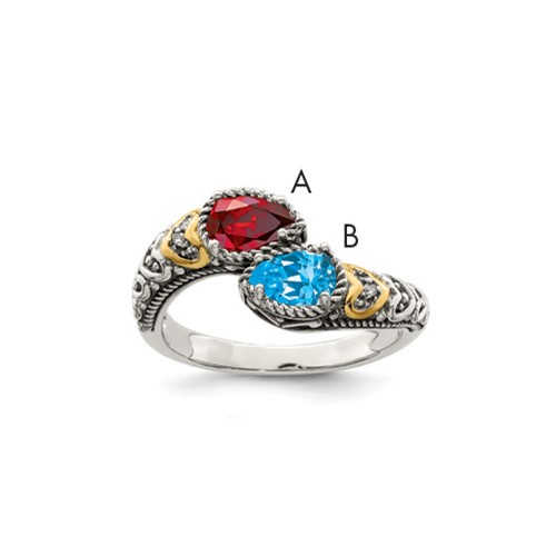 Sterling Silver Antiqued Ring with 14K 2-stone with Diamond Mother's