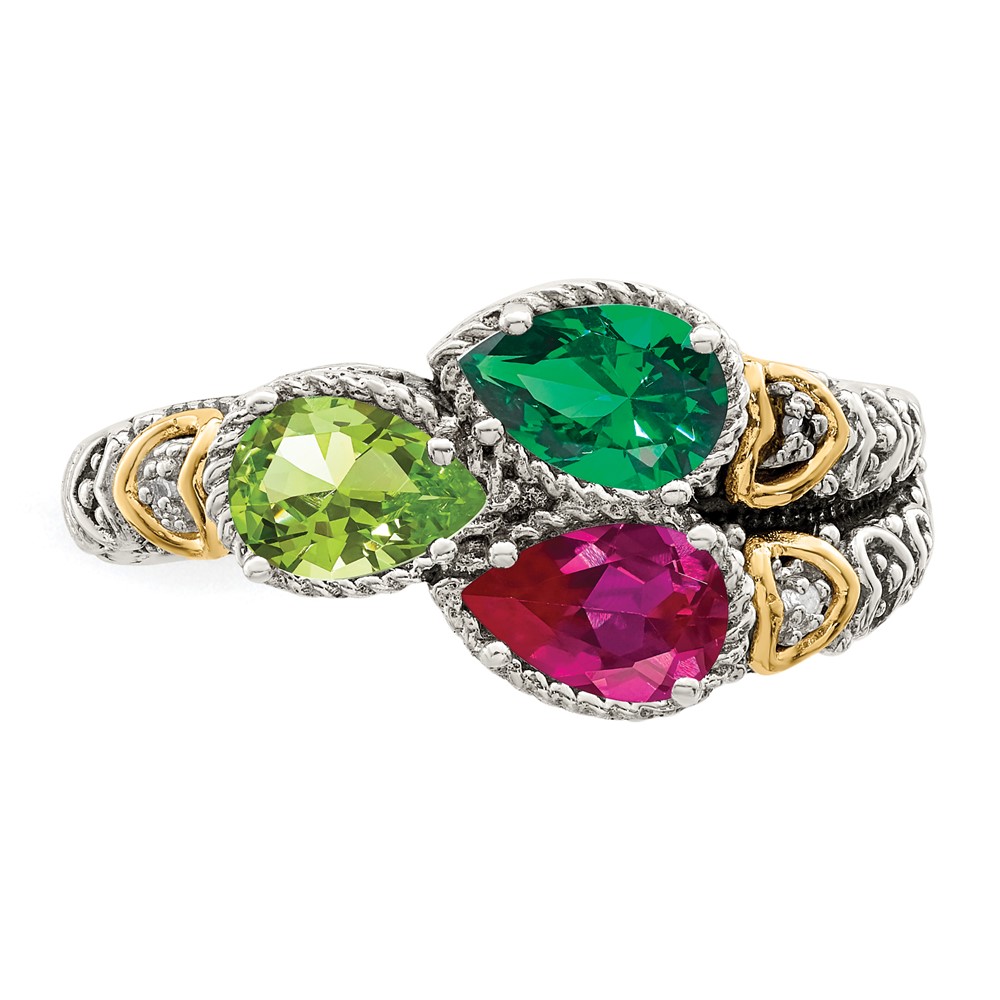 Sterling Silver Antiqued w/14k 3-stone w/Diamond Mother's Ring Semi-Mount (QMR20/3-7)