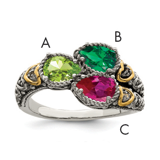 Sterling Silver Antiqued w/14k 3-stone w/Diamond Mother's Ring Semi-Mount (QMR20/3-10)