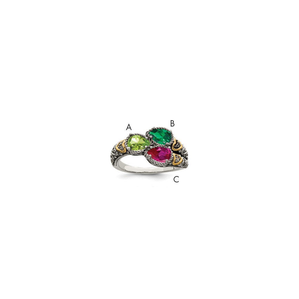 Sterling Silver Antiqued Ring with 14K 3-stone with Diamond Mother's