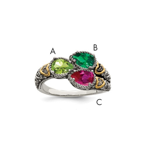 Sterling Silver Antiqued Ring with 14K 3-stone with Diamond Mother's