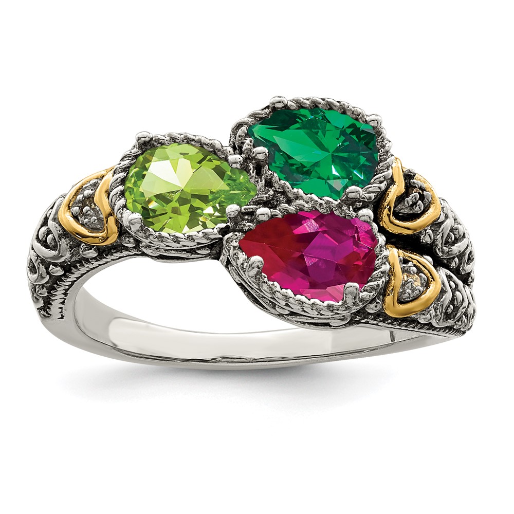 Sterling Silver Antiqued w/14k 3-stone w/Diamond Mother's Ring Semi-Mount (QMR20/3-10)