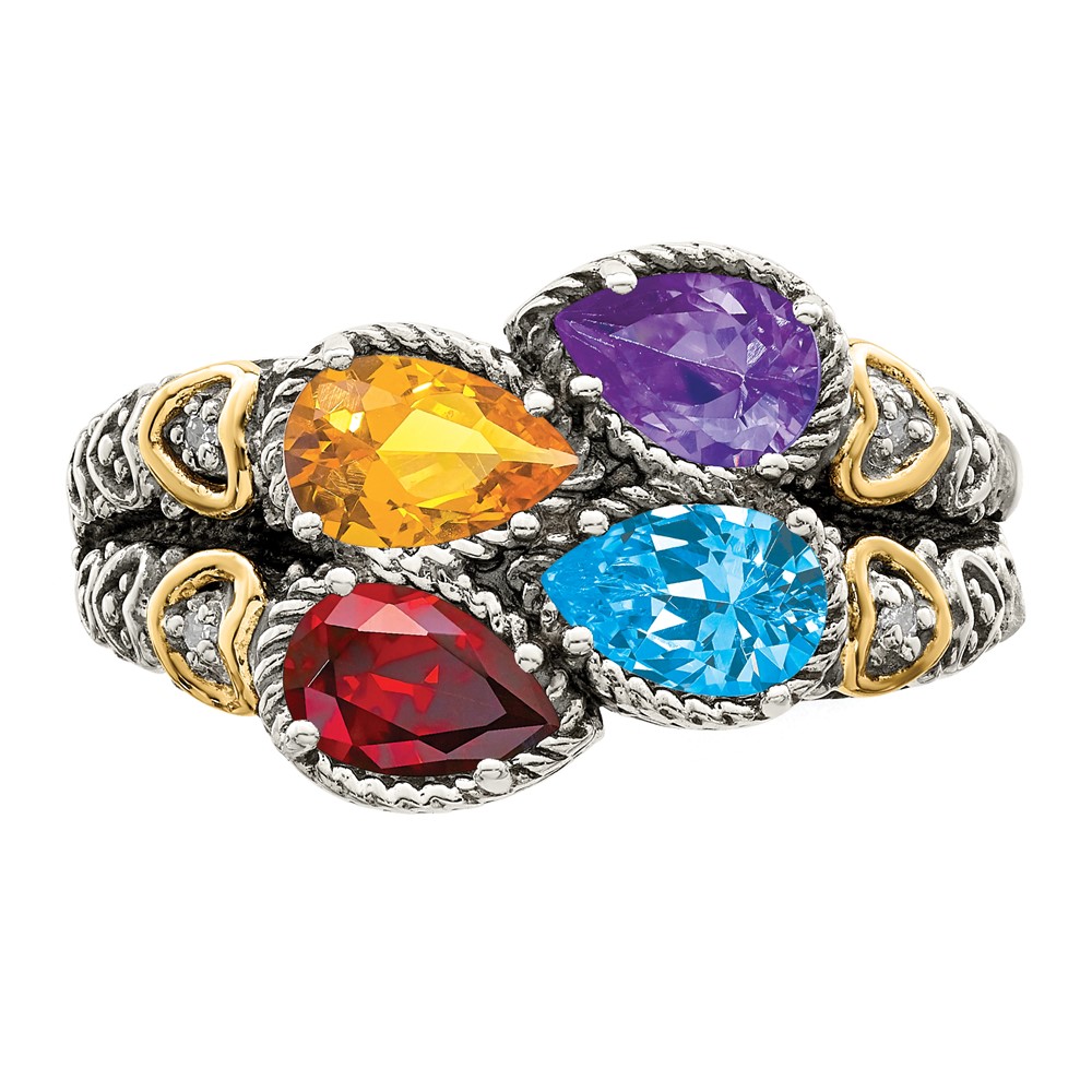 Sterling Silver Antiqued w/14k 4-stone w/Diamond Mother's Ring Semi-Mount (QMR20/4-5)