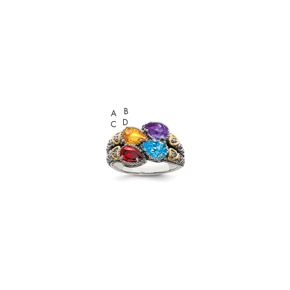 Sterling Silver Antiqued Ring with 14K 4-stone with Diamond Mother's