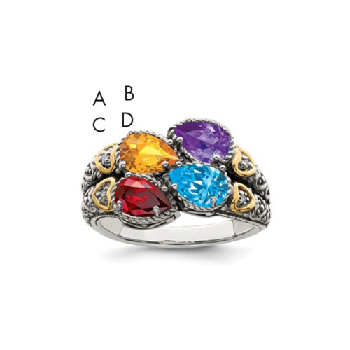 Sterling Silver Antiqued Ring with 14K 4-stone with Diamond Mother's