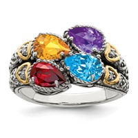 Sterling Silver Antiqued Ring with 14K 4-stone with Diamond Mother's view 2