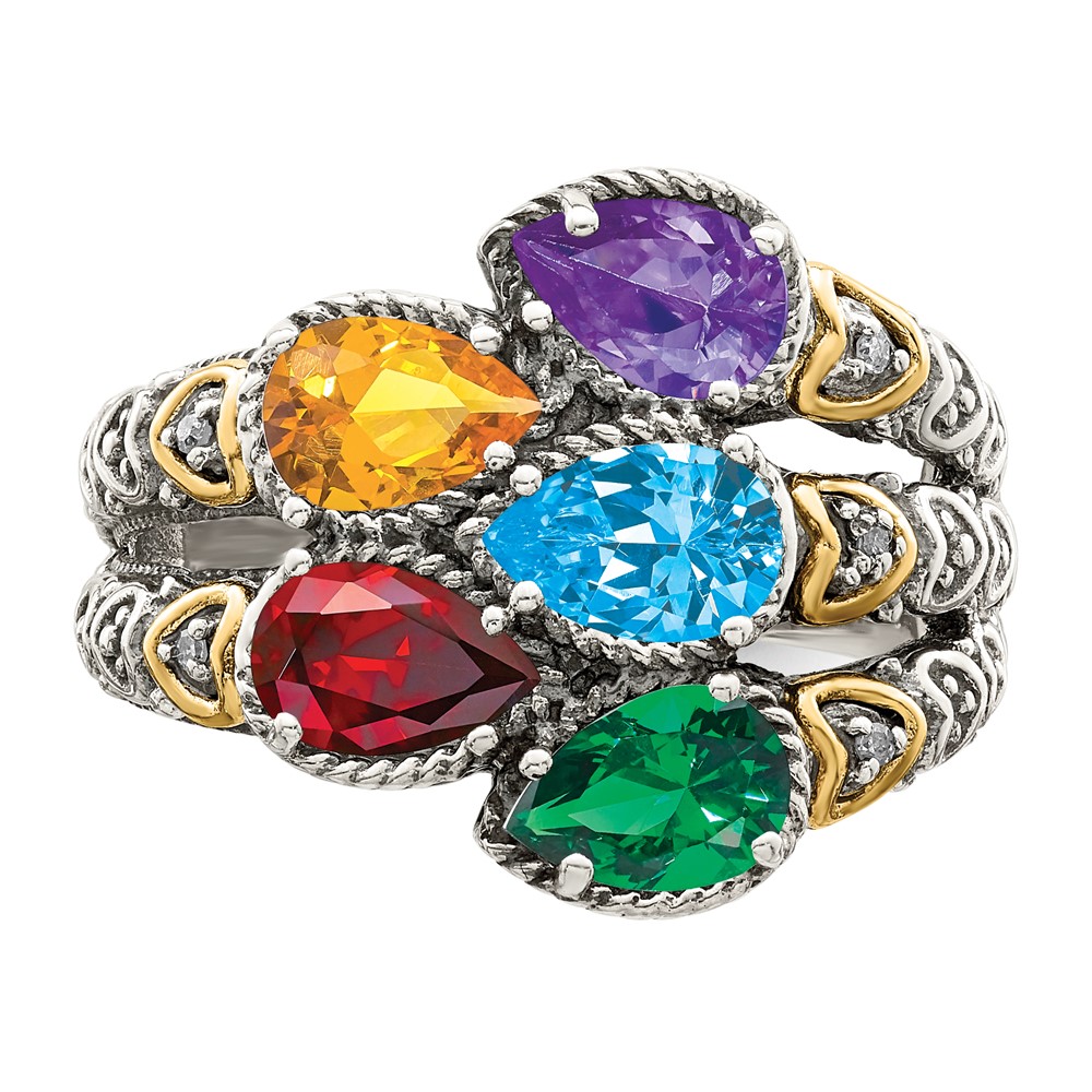 Sterling Silver Antiqued w/14k 5-stone w/Diamond Mother's Ring Semi-Mount (QMR20/5-10)