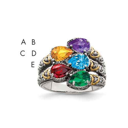 Sterling Silver Antiqued with 14K 5-stone with Diamond Mother's Ring Semi-Mount