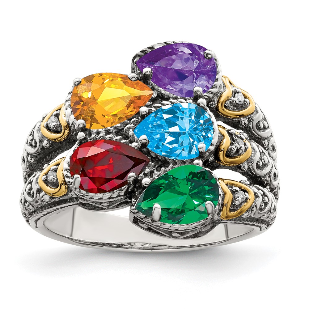 Sterling Silver Antiqued w/14k 5-stone w/Diamond Mother's Ring Semi-Mount (QMR20/5-10)