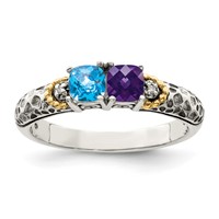 Sterling Silver Antiqued Ring with 14K 2-stone with Diamond Mother's view 2