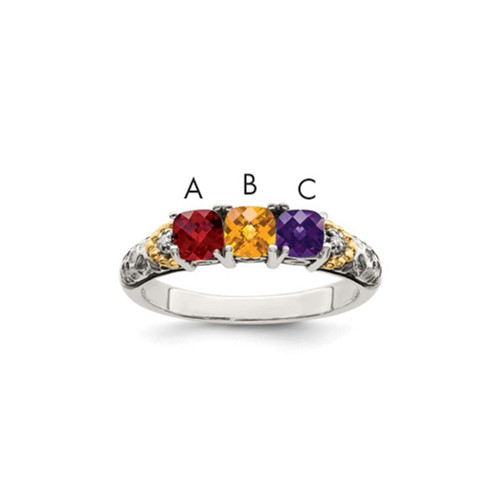 Sterling Silver Antiqued Ring with 14K 3-stone with Diamond Mother's