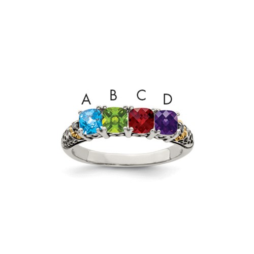 Sterling Silver Antiqued Ring with 14K 4-stone with Diamond Mother's