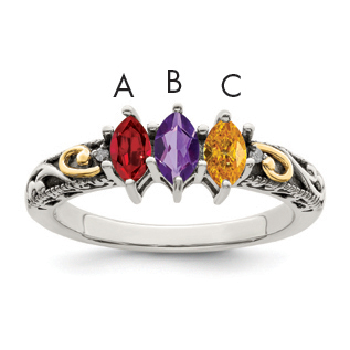 Sterling Silver Antiqued w/14k 3-stone w/Diamond Mother's Ring Semi-Mount (QMR22/3-10)