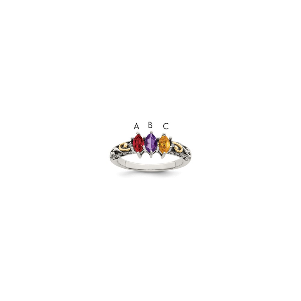 Sterling Silver Antiqued Ring with 14K 3-stone with Diamond Mother's