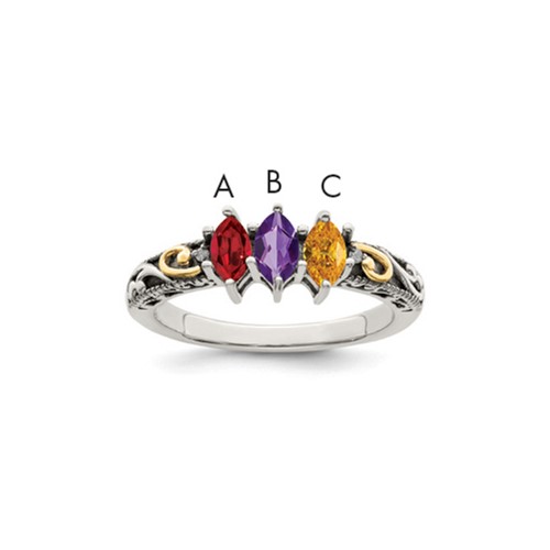Sterling Silver Antiqued Ring with 14K 3-stone with Diamond Mother's