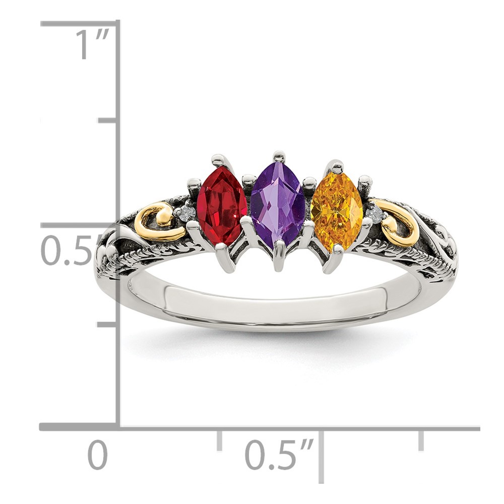 Sterling Silver Antiqued w/14k 3-stone w/Diamond Mother's Ring Semi-Mount (QMR22/3-5)